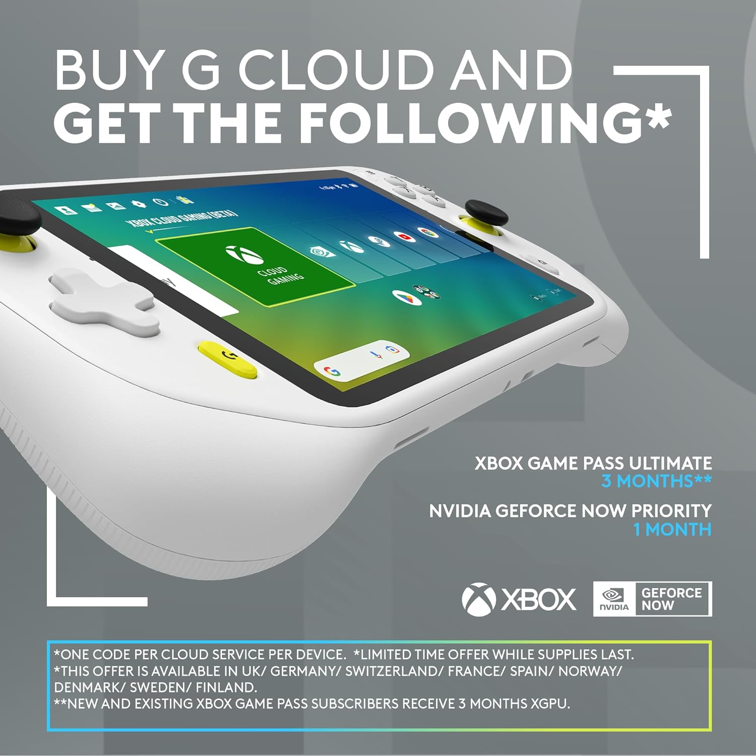 Logitech G Cloud Gaming Handheld, Portable Gaming Console with Long Battery Life, 1080P 7-Inch Touchscreen, Lightweight Design, Xbox Cloud Gaming, NVIDIA GeForce NOW, Google Play - UK plug - White image 1 Logitech G Cloud Gaming Handheld, Portable Gaming Console with Long Battery Life, 1080P 7-Inch Touchscreen, Lightweight Design, Xbox Cloud Gaming, NVIDIA GeForce NOW, Google Play - UK plug - White image 1